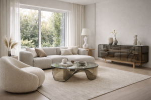 Visueel overzicht van huidige meubeltrends met afgeronde vormen, natuurlijke materialen en comfortabele meubels in modern int