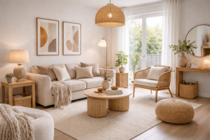 Moderne woonkamer met warmere kleuren, gelaagde verlichting en texturen - woontrends zonder verbouwen toepassen