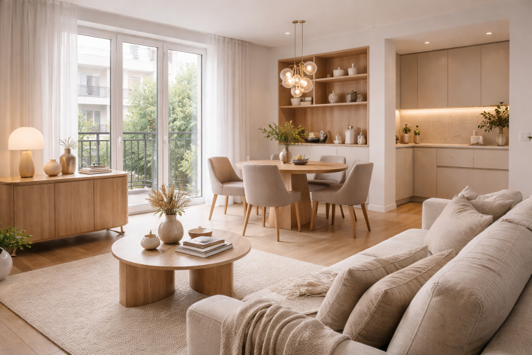 Home Moderne appartementinrichting met woontrends: warme kleuren, meubels op poten en zachte zonering voor een rustige en ruimteli