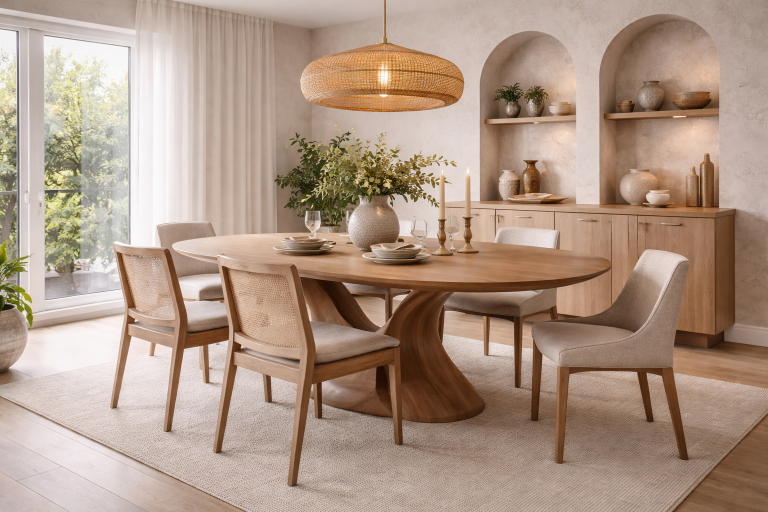 Moderne eetkamer met ovale tafel, warmte uitstralende materialen en sfeervolle hanglamp boven tafel