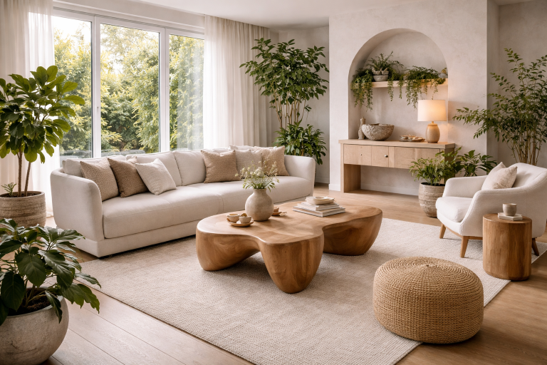 Voorbeeld van biophilic design in huis met natuurlijke materialen, zachte vormen en natuurlijk licht